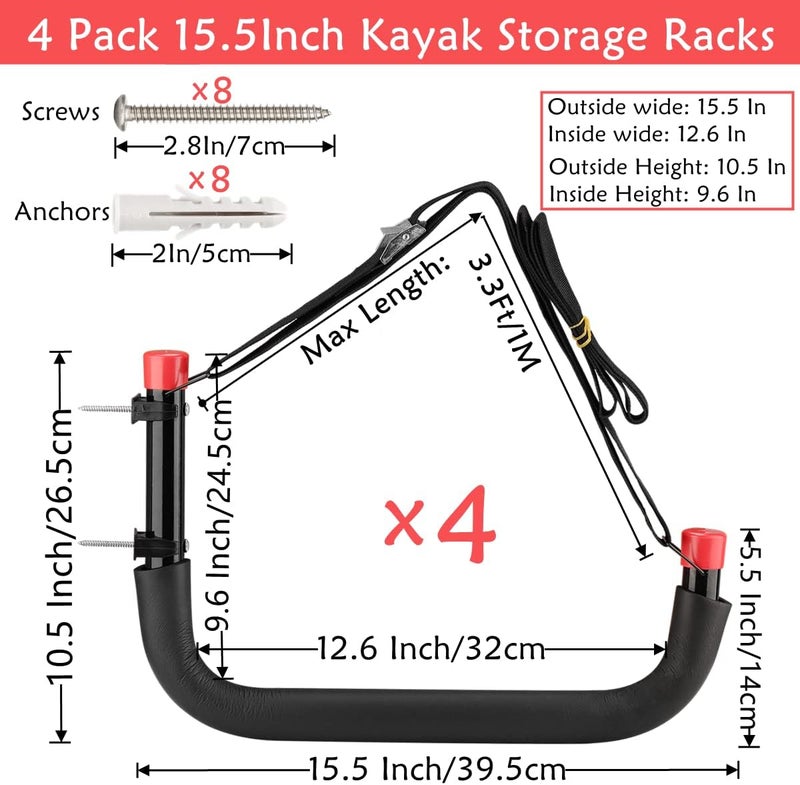 Naikozmo Kayak Storage Racks, 15.3 Inch Wall Mount Garage Storage Hooks for Kayaks, SUP, Paddle Boards and Surfboards, Heavy Duty Hangers with Lashing Straps, 100 LB Capacity, Black + Red - Image 2